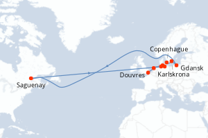 Carte itinéraire croisière Suède, Danemark, Pologne, Canada, Allemagne, Honduras, Royaume-Uni - 7 jours au départ de Copenhague - Europe du Nord