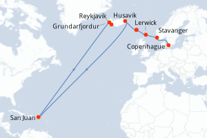 Carte itinéraire croisière Danemark, Norvège, Royaume-Uni, Féroé (Îles), Porto Rico, Islande - 10 jours au départ de Copenhague - Europe du Nord