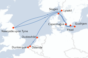 Carte itinéraire croisière Danemark, Suède, Honduras, Belgique, France, Royaume-Uni - 10 jours au départ de Copenhague - Europe du Nord
