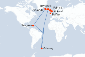Carte itinéraire croisière Irlande, Royaume-Uni, Norvège, Féroé (Îles), Danemark, Islande, Porto Rico - 14 jours au départ de Belfast - Europe du Nord