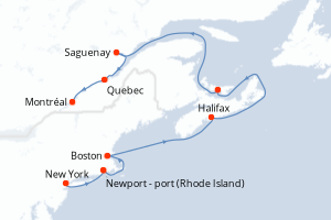 Carte itinéraire croisière États-Unis, Canada - 12 jours au départ de New York - Amérique du Nord