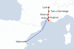 Carte itinéraire croisière CROISIERE DES 50 ANS - Au fil du Rhône : Saveurs et littérature avec Eric-Emmanuel Schmitt et Emmanuelle Dufaure - 5 jours au départ de Lyon - Rhône Saone