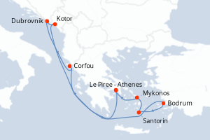 Carte itinéraire croisière Grèce, Monténégro, Croatie, Turquie - 10 jours au départ de Le Piree - Athenes - Méditerranée