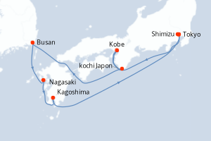 Carte itinéraire croisière Japon, Corée du Sud - 9 jours au départ de Tokyo - Asie