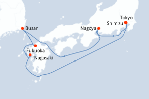 Carte itinéraire croisière Japon, Corée du Sud - 8 jours au départ de Tokyo - Asie