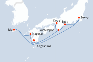 Carte itinéraire croisière Japon, Corée du Sud - 9 jours au départ de Tokyo - Asie