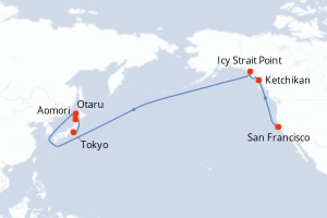 Carte itinéraire croisière États-Unis, France, Japon - 15 jours au départ de San Francisco - Asie