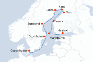 Carte itinéraire croisière Finlande, Suède, Danemark - 12 jours au départ de Helsinki - Europe du Nord