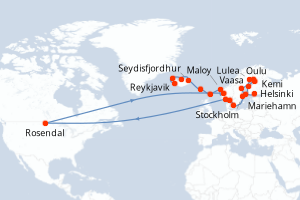 Carte itinéraire croisière Finlande, Suède, Danemark, Norvège, Royaume-Uni, Féroé (Îles), Islande - 24 jours au départ de Helsinki - Europe du Nord