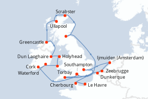 Carte itinéraire croisière France, Belgique, Pays-Bas, Royaume-Uni, Irlande - 19 jours au départ de Le Havre - Europe du Nord