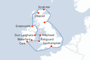 Carte itinéraire croisière Royaume-Uni, Irlande - 12 jours au départ de Southampton - Europe du Nord