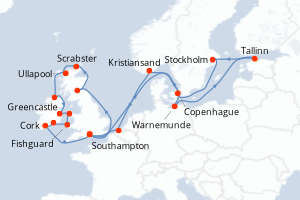 Carte itinéraire croisière Royaume-Uni, Irlande, Danemark, Allemagne, Estonie, Suède, Norvège, Belgique - 26 jours au départ de Southampton - Europe du Nord