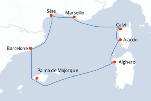 Carte itinéraire croisière Rivages méditerranéens - 7 jours au départ de Barcelone - Méditerranée