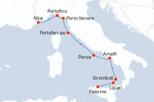 Carte itinéraire croisière De la Riviera ligure à la Sicile, sous les voiles du Ponant - 7 jours au départ de Nice - Méditerranée