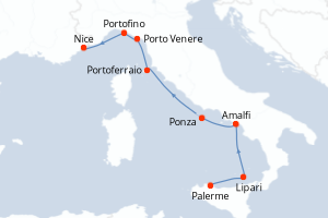 Carte itinéraire croisière De la Sicile à la Riviera ligure, sous les voiles du Ponant - 7 jours au départ de Palerme - Méditerranée