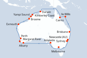 Carte itinéraire croisière Recorriendo Australia - 28 jours au départ de Sydney - Australie Nouvelle Zélande