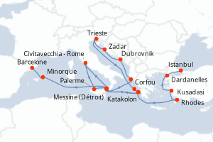 Carte itinéraire croisière Turquie, Italie, Croatie, Grèce, Espagne - 21 jours au départ de Istanbul - Méditerranée