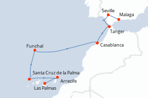 Carte itinéraire croisière Odyssée atlantique de la péninsule ibérique aux Canaries - 10 jours au départ de Malaga - Iles Canaries