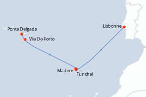 Carte itinéraire croisière Madère et Açores - 8 jours au départ de Ponta Delgada - Atlantique