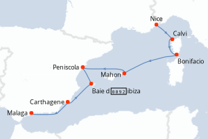 Carte itinéraire croisière Île de Beauté et rivages ibériques - 7 jours au départ de Nice - Méditerranée