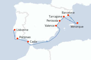 Carte itinéraire croisière Secrets de la péninsule ibérique - 8 jours au départ de Lisbonne - Méditerranée