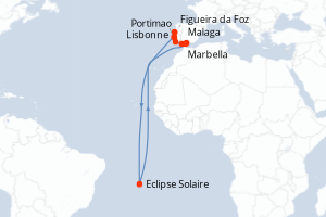 Carte itinéraire croisière Eclipse solaire totale entre Méditerranée et Atlantique - 7 jours au départ de Lisbonne - Atlantique