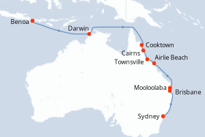 Carte itinéraire croisière Indonésie, Australie - 14 jours au départ de Benoa - Australie Nouvelle Zélande