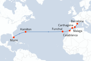 Carte itinéraire croisière Espagne, Maroc, Portugal, Royaume-Uni, États-Unis - 14 jours au départ de Barcelone - Transatlantique