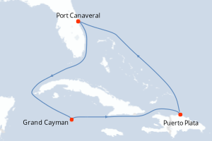 Carte itinéraire croisière États-Unis, Caïmans (Îles), République Dominicaine - 6 jours au départ de Port Canaveral - Caraïbes Bahamas