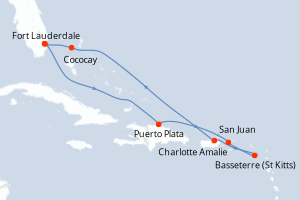 Carte itinéraire croisière États-Unis, République Dominicaine, Royaume-Uni, Porto Rico, Bahamas - 8 jours au départ de Fort Lauderdale - Caraïbes Bahamas