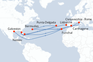 Carte itinéraire croisière Italie, États-Unis, Espagne, Portugal, Bahamas - 14 jours au départ de Galveston - Caraïbes Mexique