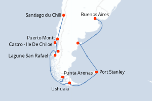 Carte itinéraire croisière Chili, Argentine, Îles Malouines - 20 jours au départ de Santiago du Chili - Amérique du Sud