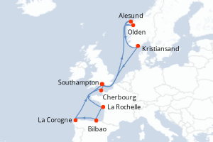 Carte itinéraire croisière Royaume-Uni, Norvège, Espagne, France - 14 jours au départ de Southampton - Europe du Nord