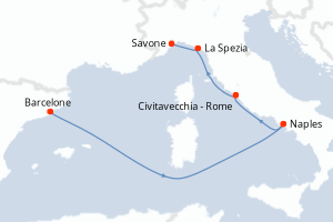 Carte itinéraire croisière Espagne, Italie - 5 jours au départ de Barcelone - Méditerranée