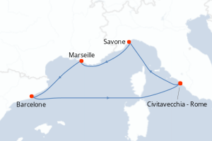 Carte itinéraire croisière Italie, France, Espagne - 5 jours au départ de Civitavecchia - Rome - Méditerranée