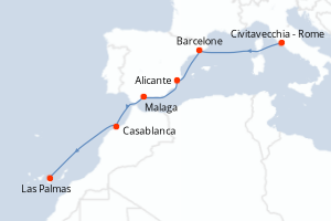 Carte itinéraire croisière Italie, Espagne, Maroc, Canaries - 7 jours au départ de Civitavecchia - Rome - Iles Canaries