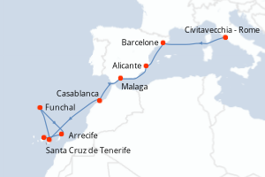 Carte itinéraire croisière Italie, Espagne, Maroc, Canaries, Madère - 11 jours au départ de Civitavecchia - Rome - Iles Canaries