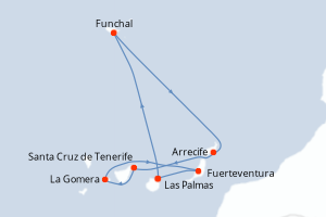 Carte itinéraire croisière Canaries, Madère, Espagne - 7 jours au départ de Las Palmas - Iles Canaries