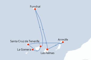 Carte itinéraire croisière Canaries, Madère, Espagne - 7 jours au départ de Las Palmas - Iles Canaries