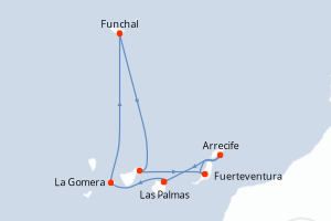 Carte itinéraire croisière Canaries, Madère, Espagne - 8 jours au départ de Las Palmas - Iles Canaries