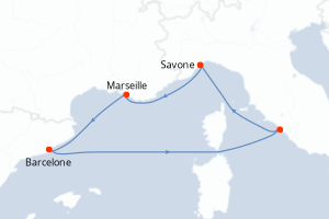 Carte itinéraire croisière Italie, France, Espagne - 5 jours au départ de Savone - Méditerranée