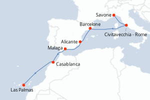 Carte itinéraire croisière Italie, Espagne, Maroc, Canaries - 8 jours au départ de Savone - Iles Canaries