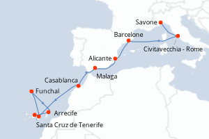Carte itinéraire croisière Italie, Espagne, Maroc, Canaries, Madère - 12 jours au départ de Savone - Iles Canaries
