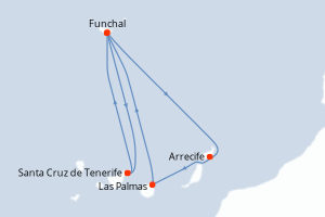 Carte itinéraire croisière Canaries, Madère - 7 jours au départ de Santa Cruz de Tenerife - Iles Canaries
