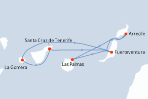 Carte itinéraire croisière Canaries, Espagne - 7 jours au départ de Santa Cruz de Tenerife - Iles Canaries