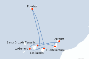 Carte itinéraire croisière Canaries, Espagne, Madère - 7 jours au départ de Santa Cruz de Tenerife - Iles Canaries