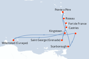 Carte itinéraire croisière Plages de rêve et Culture Créole - 12 jours au départ de Pointe a Pitre - Caraïbes Bahamas
