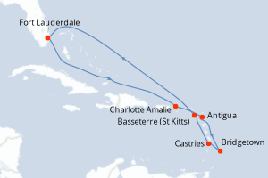 Carte itinéraire croisière États-Unis, Antigua-et-Barbuda, Barbade, Sainte-Lucie, Royaume-Uni - 10 jours au départ de Fort Lauderdale - Caraïbes Bahamas