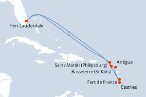 Carte itinéraire croisière États-Unis, Pays-Bas, France, Sainte-Lucie, Antigua-et-Barbuda, Royaume-Uni - 10 jours au départ de Fort Lauderdale - Caraïbes Bahamas