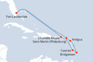 Carte itinéraire croisière États-Unis, Pays-Bas, Sainte-Lucie, Barbade, Antigua-et-Barbuda, Royaume-Uni - 10 jours au départ de Fort Lauderdale - Caraïbes Bahamas